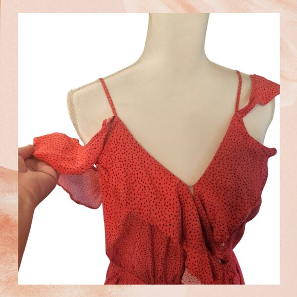 Express Deep Coral Ruffle High-Lo Midi Dress - Picture 3 of 6